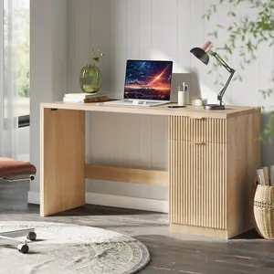 Garvee 60" Executive Desk with Storage, Modern Home Office Desk with Drawer & Cabinet, Wood Fluted Computer Desks Workstation Writing Conference Table for Study, Living Room, Bedroom, Natural Oak
