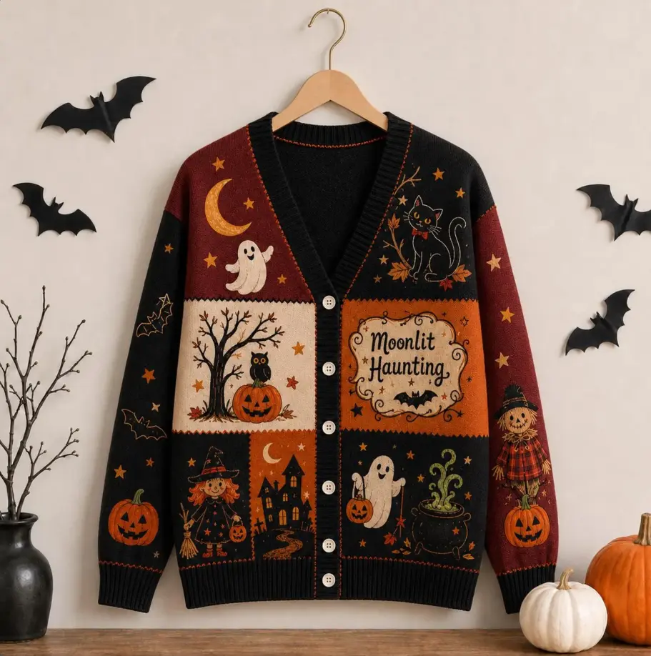 Halloween Patchwork Cardigan, Black Cat Ghost Witch Pumpkin Knit Sweater, Vintage Moonlit Haunting Jacket