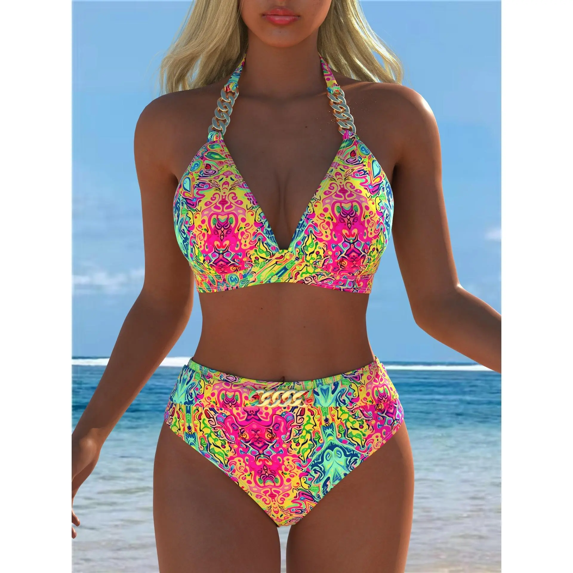 Quick-dry bikini swimsuit set, V-neck with shoulder chain decor, lace-up back design, fashionable high-quality beach swimwear.