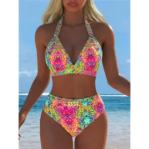 Quick-dry bikini swimsuit set, V-neck with shoulder chain decor, lace-up back design, fashionable high-quality beach swimwear.