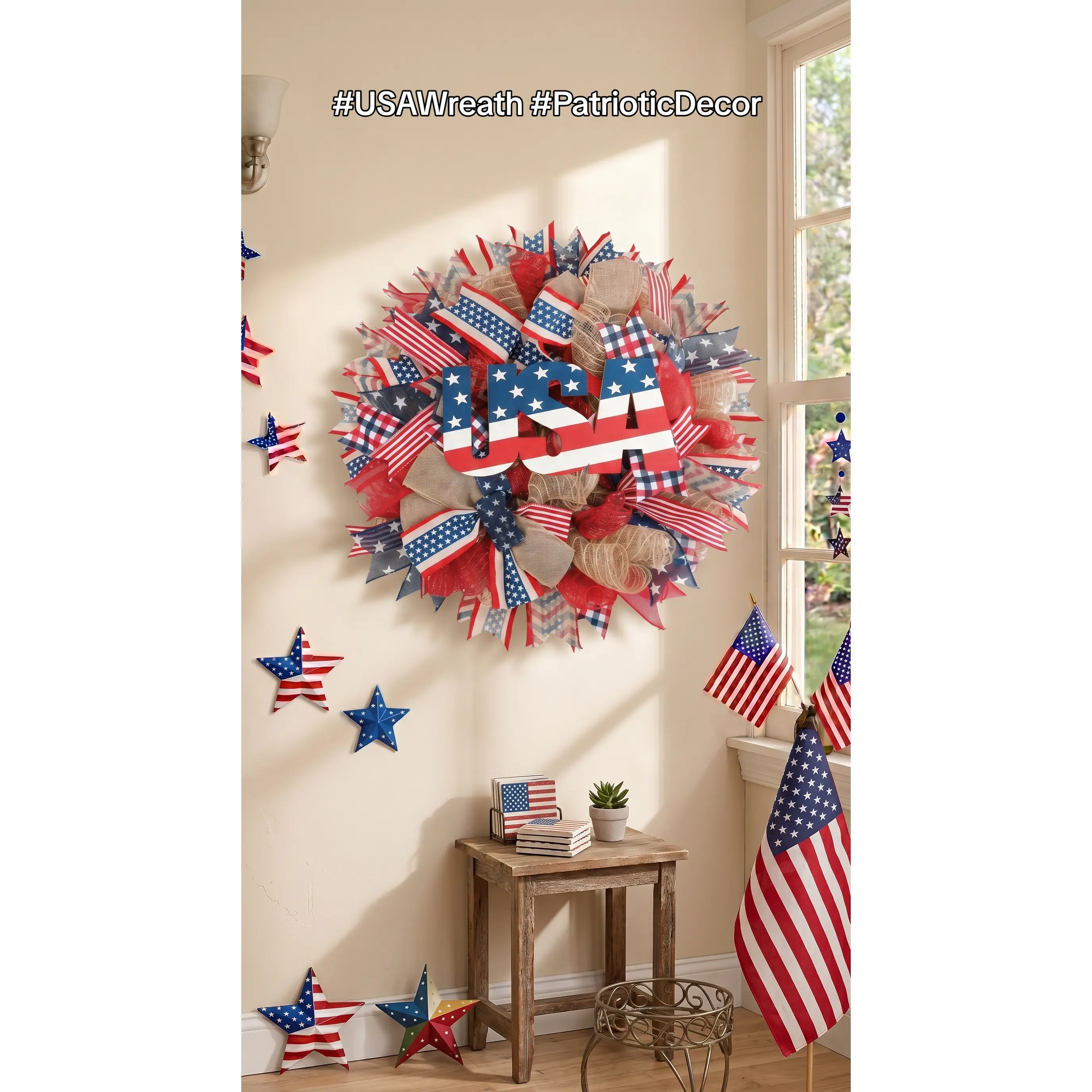 4th of July Patriotic Wreath 24 Inch, American Flag Wreaths for Front Door, Red White and Blue Weather Farmhouse Outdoor Holiday Decoration, Memorial Day Independence Day Spring Decor