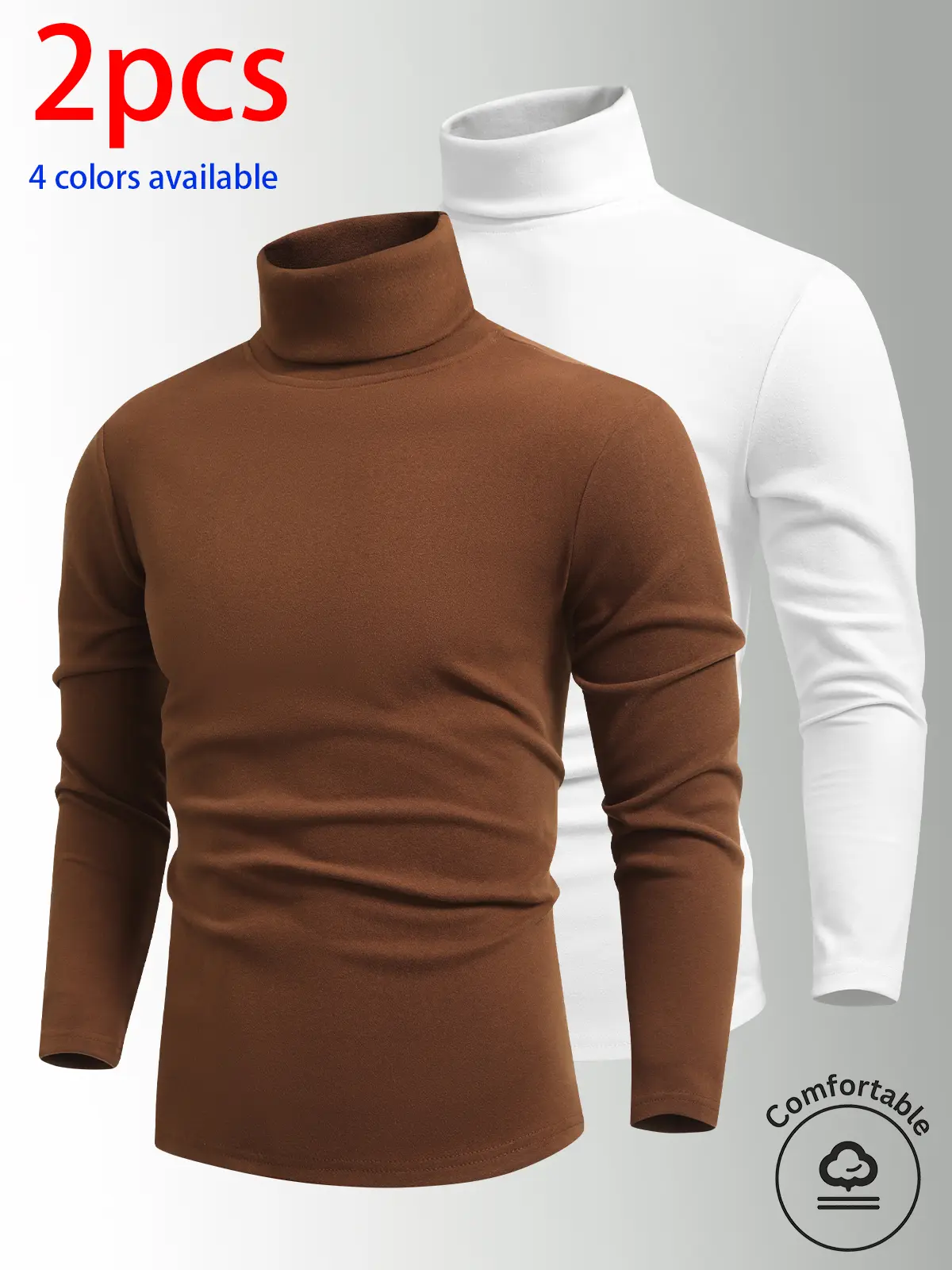 2-pack men’s high-neck long-sleeve tops: men’s terry high-neck base layer shirt, stretchy fabric that isn’t tight, solid-color long-sleeve layering top—basic style. High-neck design provides wind protection and temperature retention. Suitable for commutin