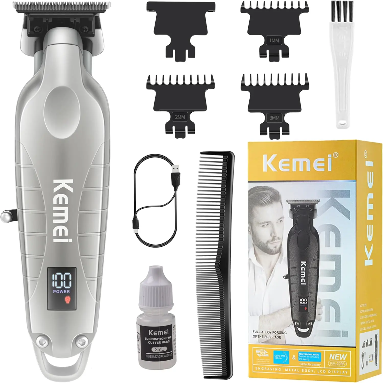 KEMEI 2293 Professional 0-Gapped Hair Clipper & Beard Trimmer for Men - Barber Set with T Blade, Brush, High-Power Motor, Silent USB Rechargeable Cordless New and Upgraded Grooming Kit
