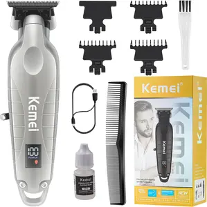 KEMEI 2293 Professional Hair/Beard Trimmer for Men Zero Gapped Hair Clippers for Barber with T Blade, Cordless Rechargeable, Silvery Haircut Kits Low Noise Groomer