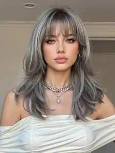 Silver Ombre Wig, 18 Inch Medium Length Natural Wave, Full Bangs, Heat Resistant Fashion Casual Wig for Women Daily Commuting, Synthetic Fiber Wigs