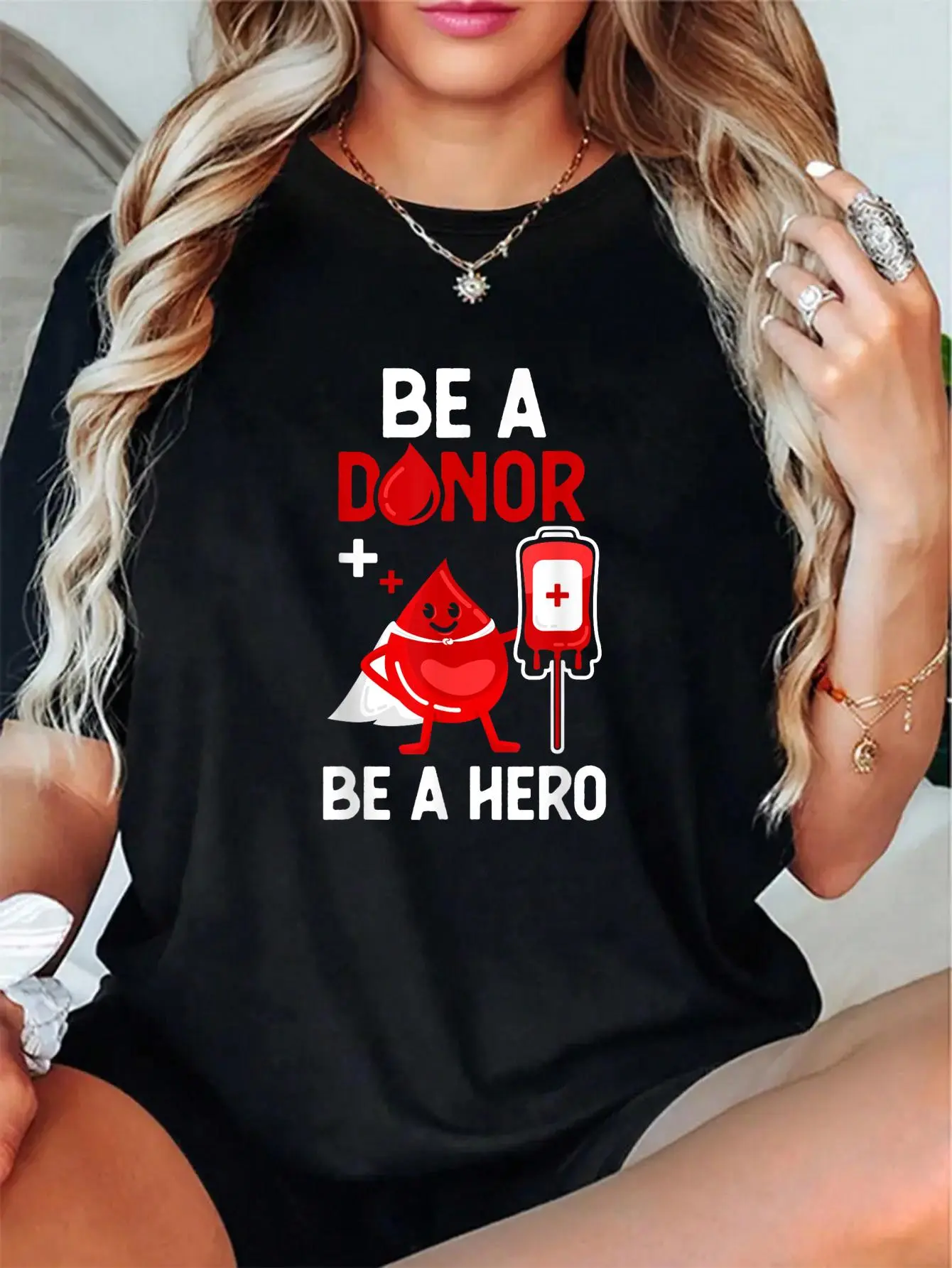 Women's Soft Cotton Classic Crew Short-Sleeve Blood Donor Digital Print T-Shirt Top, Unisex Relaxed-Fit Breathable Casual Tee (Check Size Chart)