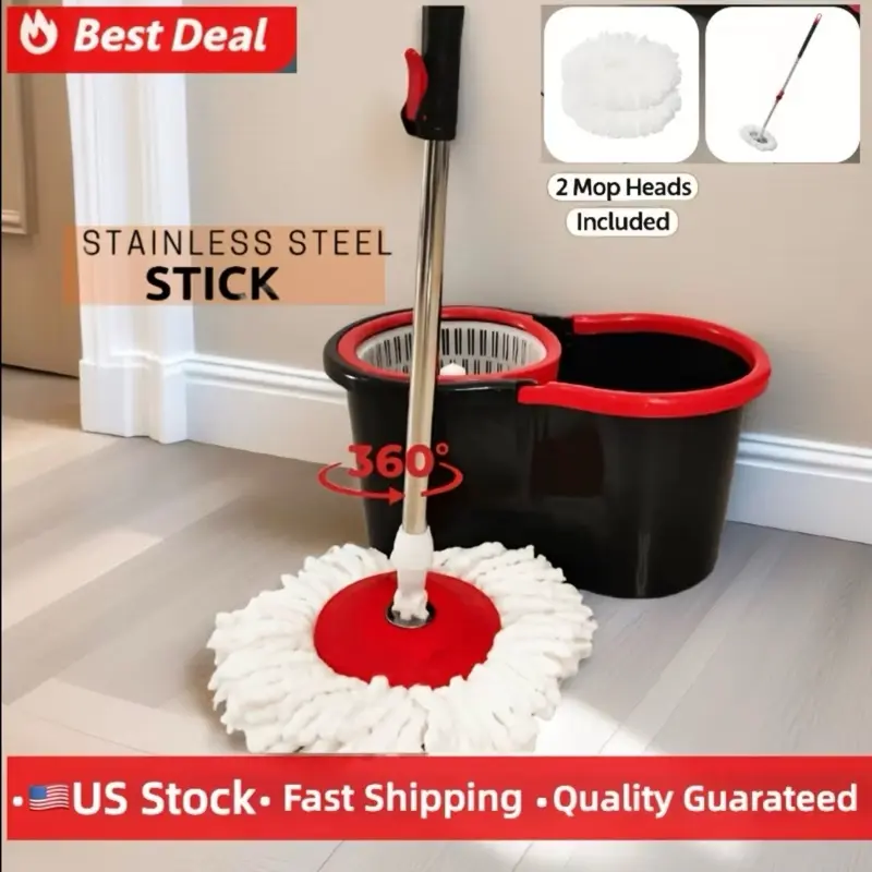 Rotating Mop Bucket Set, 360-degree rotating mop bucket system with wringer, includes 2 microfiber mop heads and a 61-inch adjustable stainless steel handle, with soap dispenser, suitable for floor cleaning.