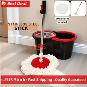 Rotating Mop Bucket Set, 360-degree rotating mop bucket system with wringer, includes 2 microfiber mop heads and a 61-inch adjustable stainless steel handle, with soap dispenser, suitable for floor cleaning.