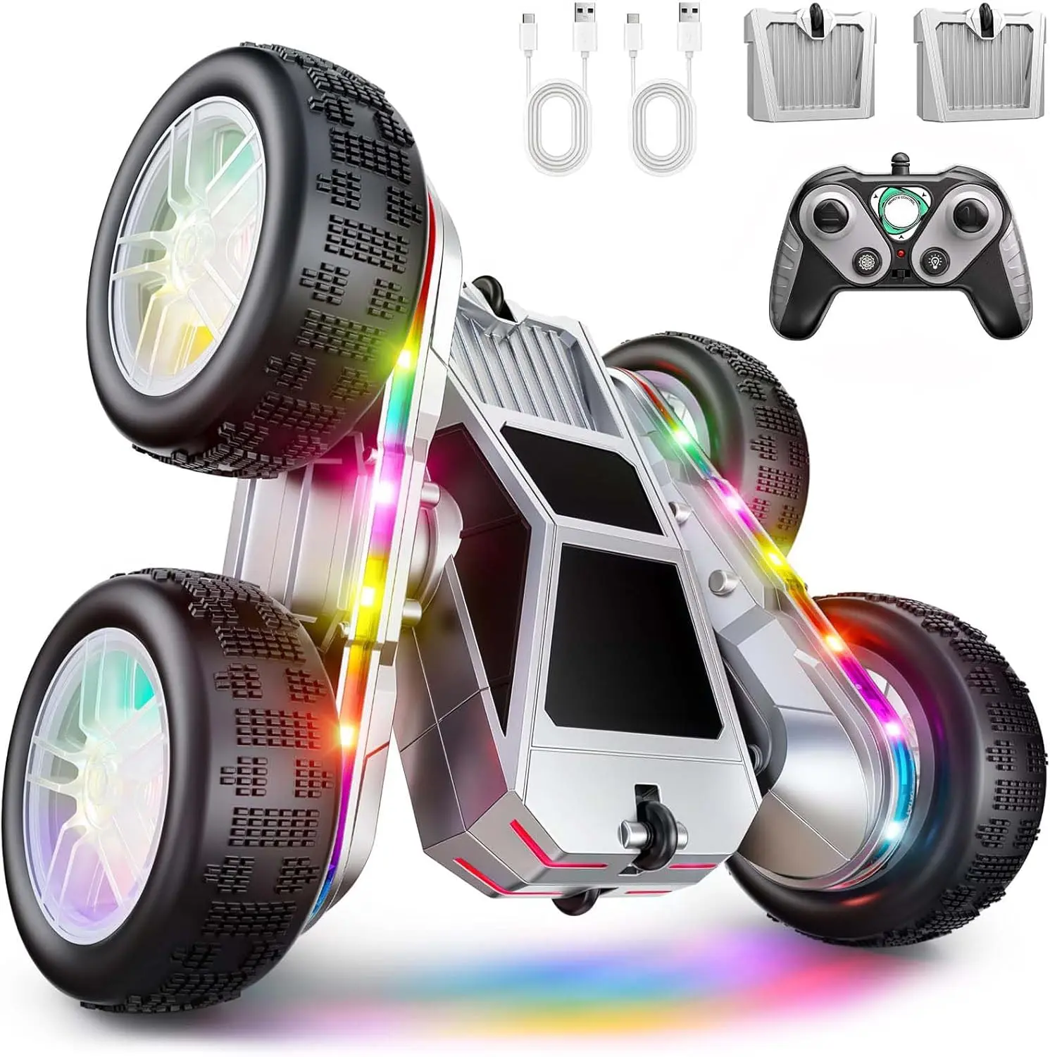 Remote Control Double Car 360° Flips RC Stunt Car with USB-C Charge Modular Battery 4WD LED Lights All Terrain RC Truck Toys for Kids boy 4-7 8-12  Girls Perfect Birthday Gift