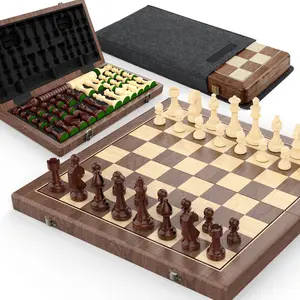 15" Walnut Magnetic Wooden Folding Chess & Checkers Set - 2 in 1 Board Game with 3" King Staunton Pieces and 2 Extra Queens and Dust Bag