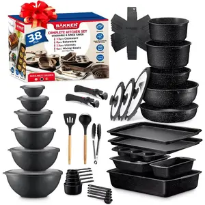 Bakken 38 Piece Granite Cookware & Bakeware Set Nonstick Coating Pots Pans Detachable Handles Tempered Glass Lids Gray Marble Finish