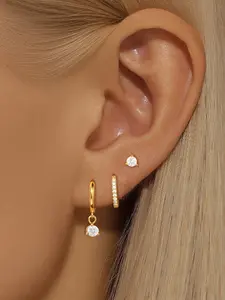 3Pcs Gold Plated Earring Stack Set Dainty Cubic Zirconia Ear Stud Hoop Drop Earrings Pack Daily Minimalism Jewelry For Women