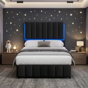 Queen Upholstered Bed Frame With LED Lights, Faux Leather Platform Bed With Headboard And Wooden Slats Support, No Box Spring Needed, Noise-Free, Easy Assembly, Twin/ Full/ Queen (USB LED Strip)