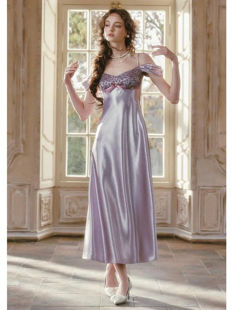 Glazed Purple Satin Dress Elegant Party Dresses Cocktail Party Dresses