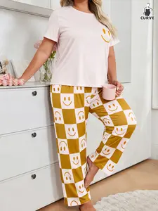 Women's Plus Size Knitted Pajama Set, Pyjamas, Pjs, Smiley Print Short Sleeve Top and Plaid Long Pants, Casual Loose Fit Sleepwear Loungewear for All Seasons, Soft Lounge Sets