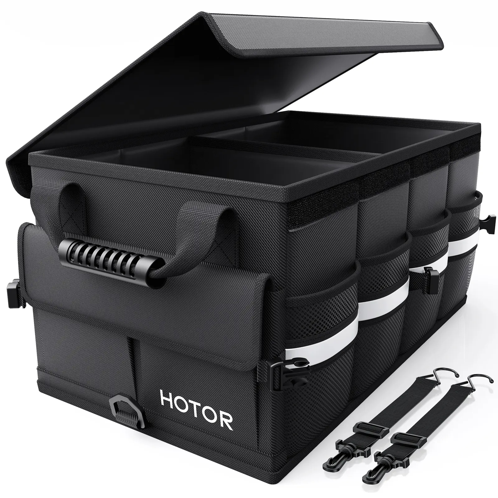 Collapsible Heavy-Duty Car Trunk Organizer with Lid, Black Edge Storage Box, 2-Section Large Capacity Cars Accessories for Groceries, Truck Accessories, Folds Flat to Organize Gear in SUV, Van