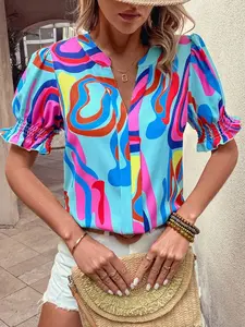 A women's colorful abstract print chiffon blouse shirts with puff sleeves, Boho Ruffle Sleeve, featuring a bright vintage summer style, V-neck opening, and short puff sleeves, suitable for vacation trips and casual everyday wear.