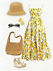 Women's Casual Lemon Print Sleeveless Vacation Dress, Comfortable and Stylish Summer, Perfect for Beach and Leisure Activities, Beach Sundresses