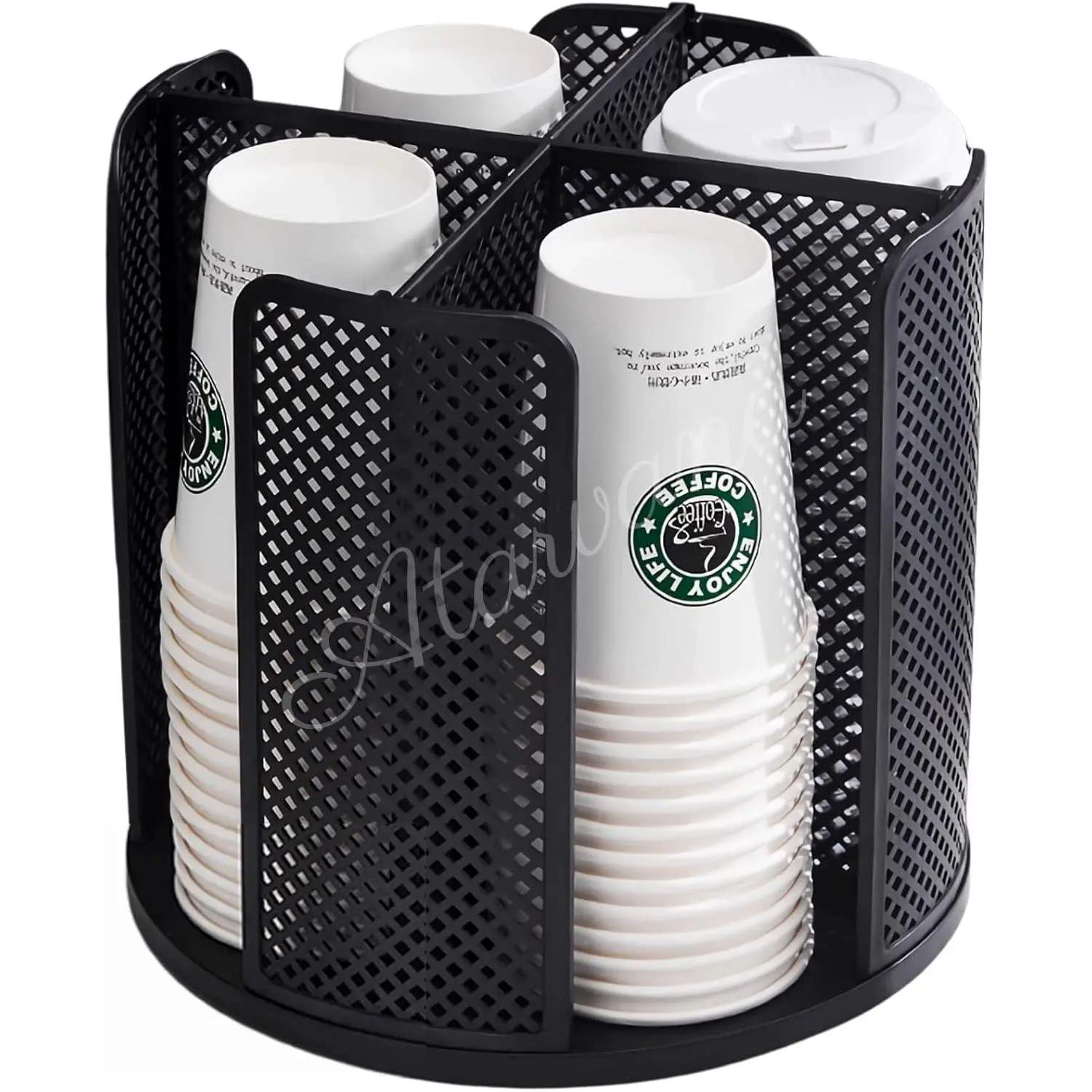 Rotatable Coffee Cup Dispenser with 4 Compartments, Atavarna Cups and Lids Holder for 5-16oz Cups Organizer for Restaurant, Coffee Station, Bar, Office, Home-9.25" x 9.25" x 8.66"