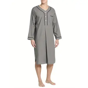 Men Nightgown Solid Color Loose Saudi Arab Long Sleeves Nightshirt Kaftan Dubai Robe with Pockets Sleepwear