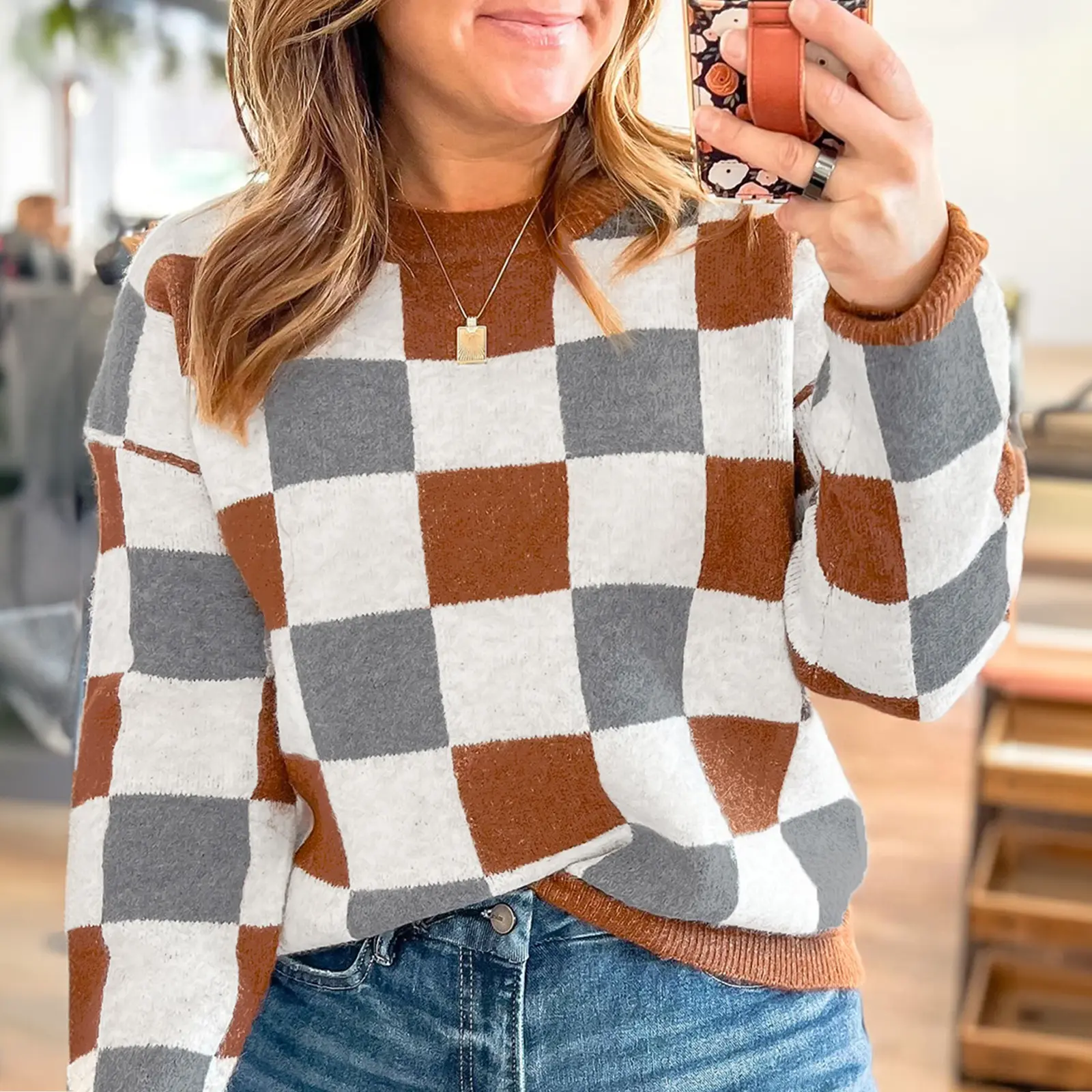 Plus Size Checkered Crewneck Sweater Women's Pullovers
