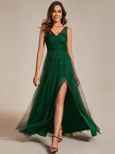 Ever-Pretty Glittering High Slit Sleeveless Modest Maxi Party Dress with Empire Waist S0014