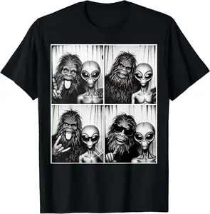 100% Cotton Funny Photobooth Photo Sasquatch UFO Bigfoot And Alien T-Shirt