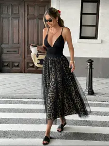 Women's Leopard Print Mesh Skirt, Elastic Waist, Versatile for Daily Commute, Dating, Party, Elegant and Intelligent