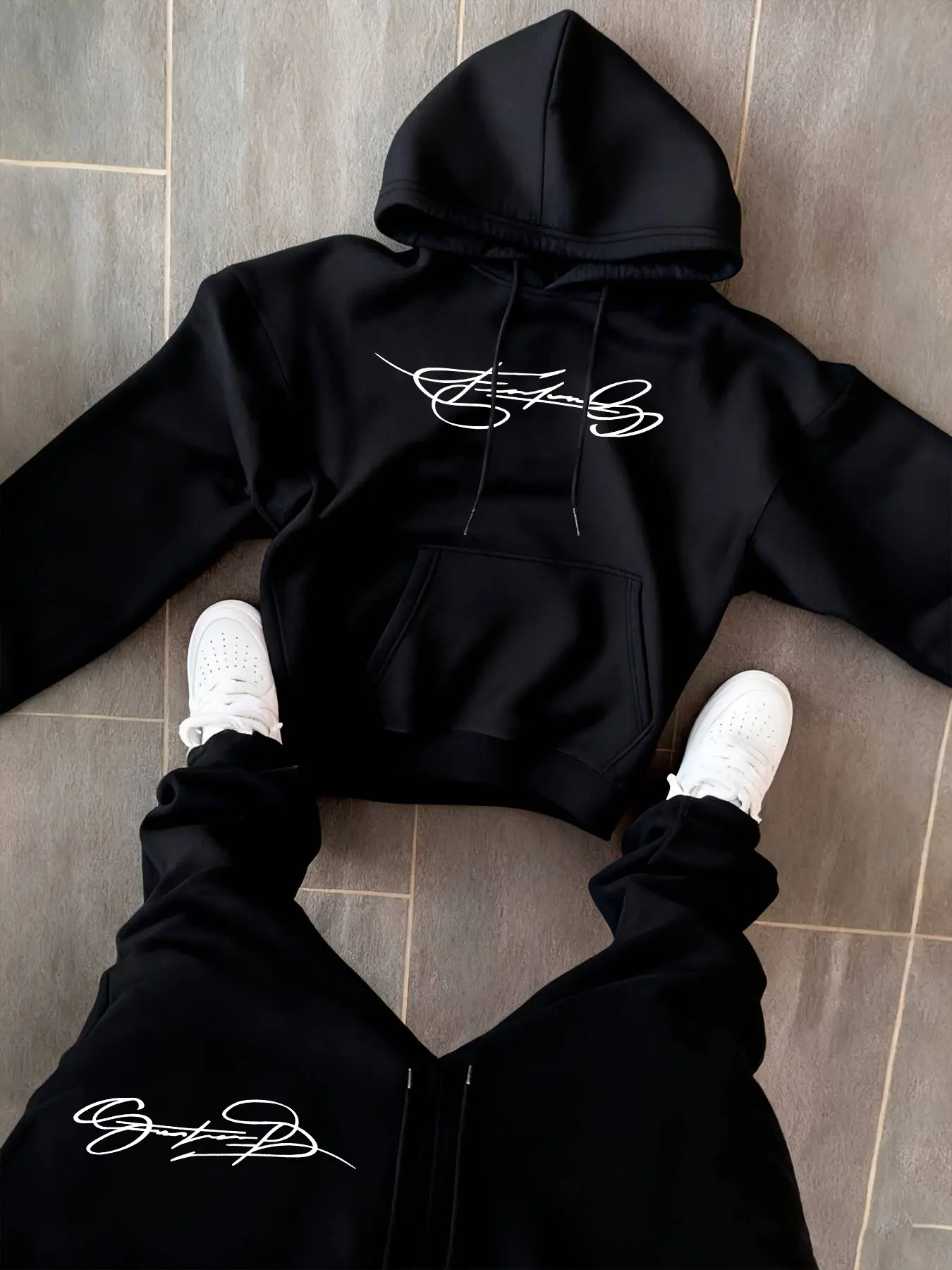 Men's Fall Winter Hoodie Set, Classic Letter Print Pullover + Drawstring Casual Sport Pants, 2 Piece, Fitted Style, Sweatsuit Set, Pants Set Outfit