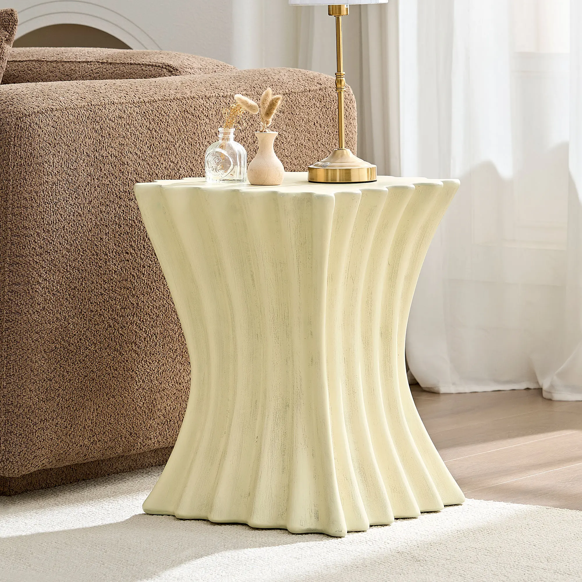 15.16 Inch Vintage Side Table Sturdy Fiberglass End Table for Living Room Apartment No Assembly Needed Beige Accent Table Small Space, Living Room Table for Sofa Side, Bedroom, Office, Apartment and Home Decor, Round Side Table