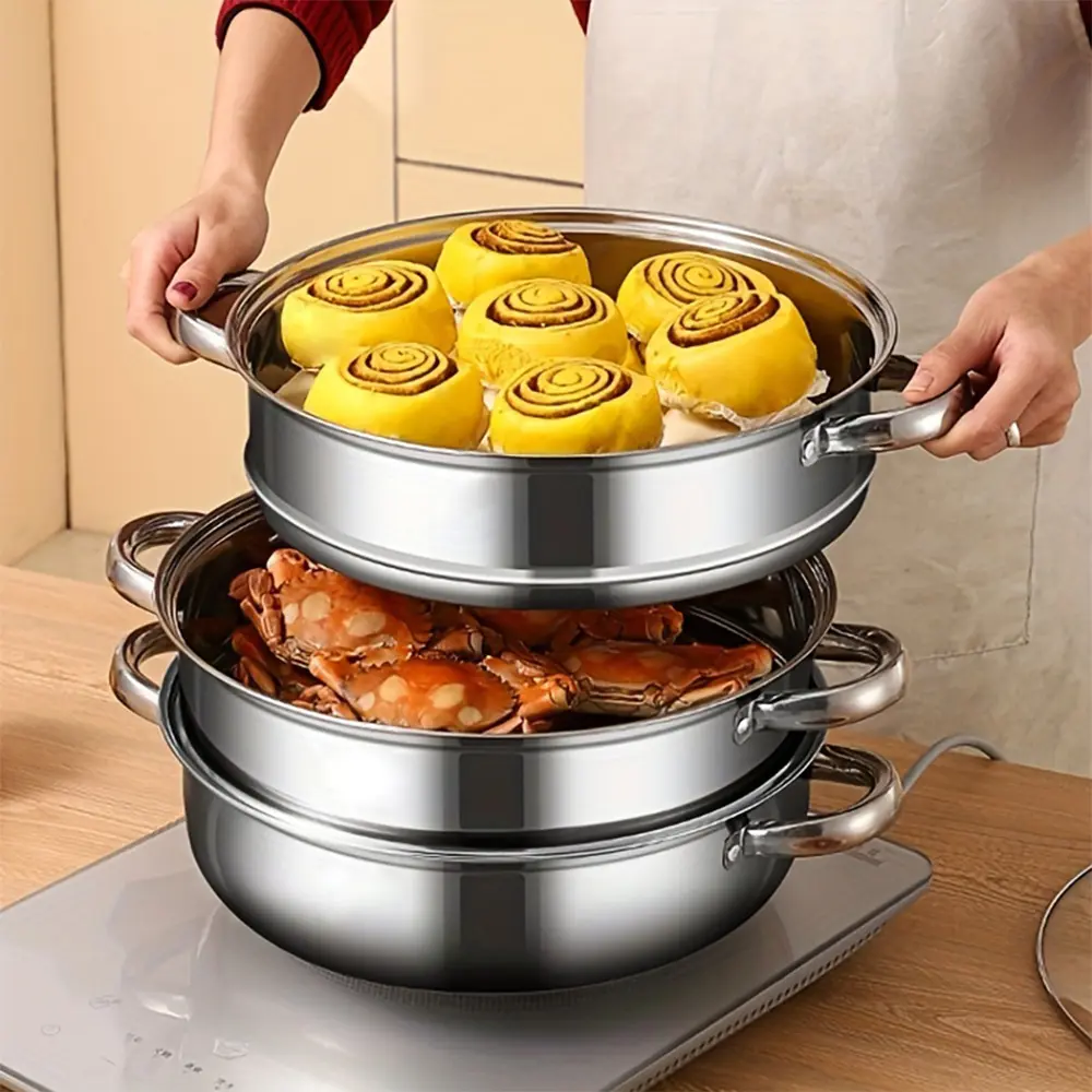 5pcs Multi-Layer Steamer Pot Set, Stainless Steel Dual Layer Steaming Steamers & Soup Pots, Durable Kitchenware for Seafood, Vegetables, Dumplings, Cookware
