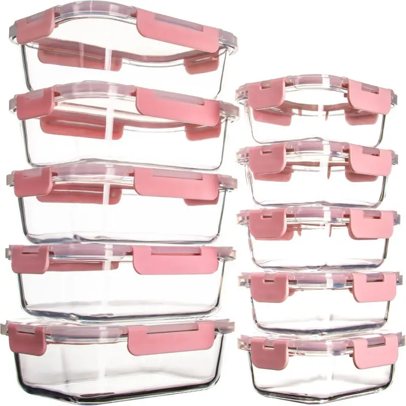 10-Pack Rectangle Glass Meal Prep Containers with Airtight Lids, Transparent Borosilicate Canisters, Leakproof & Oven Safe
