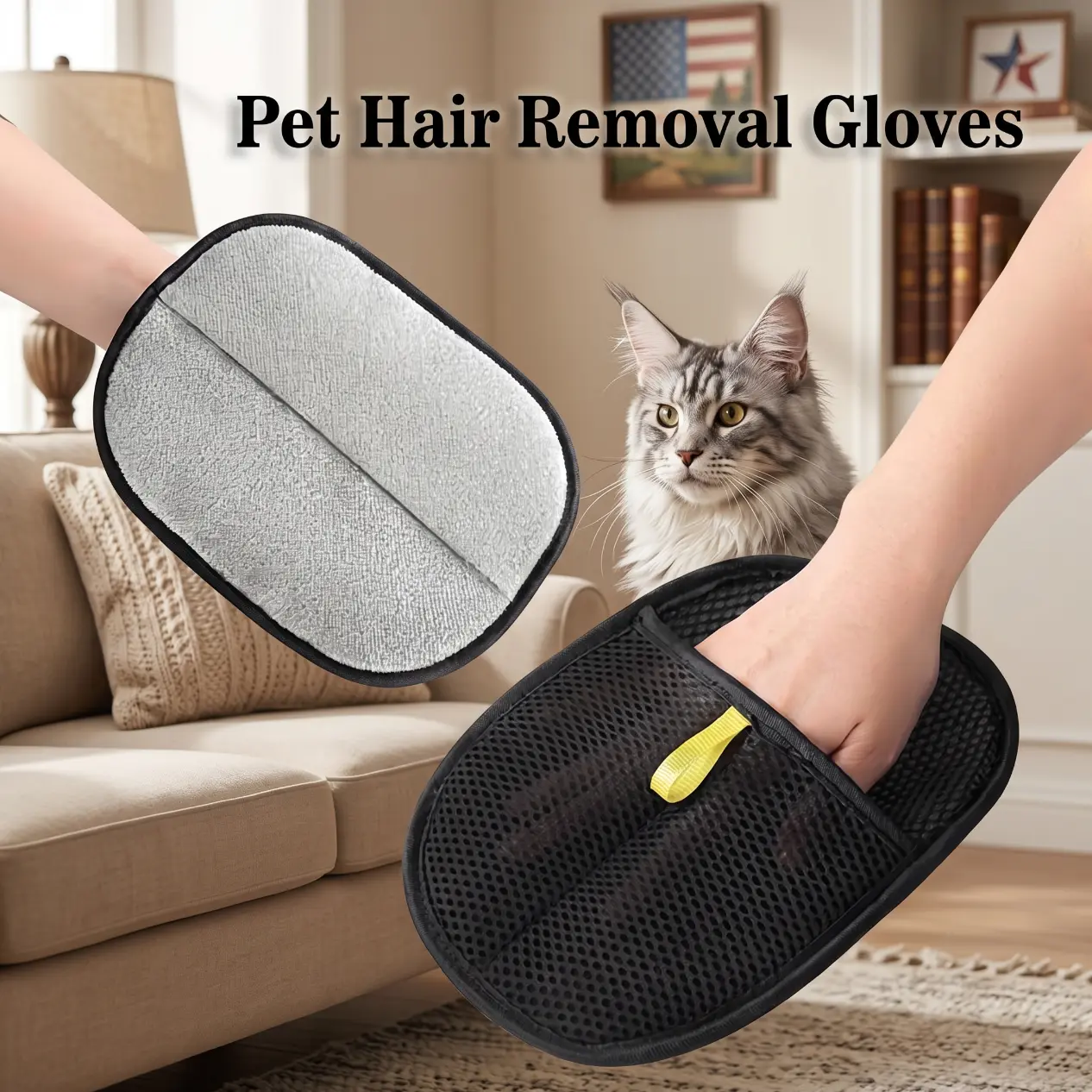 Pet Hair Removal Grooming Mitt Double Sided Static Lint Remover Glove, No Battery Reusable Deshedding Tool for Dogs & Cats, Cleans Loose Fur on Furniture Clothes Car Interior Bed Couch Rug