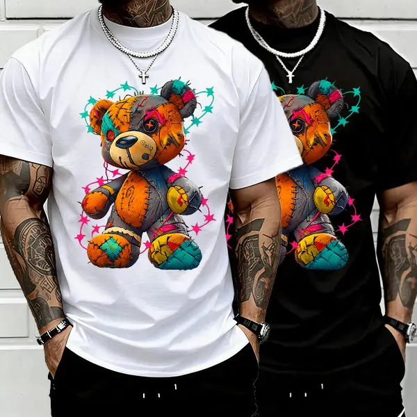 Men’s Loose Street Style T-Shirt - Colorful Patchwork Teddy Bear Graffiti, 100% Heavyweight Pure Cotton, Urban Y2K Street Casual Short Sleeve, a Must-Have Below $10, Perfect for Retro Parties & Street Snaps, an Essential for Campus & Streetwear.