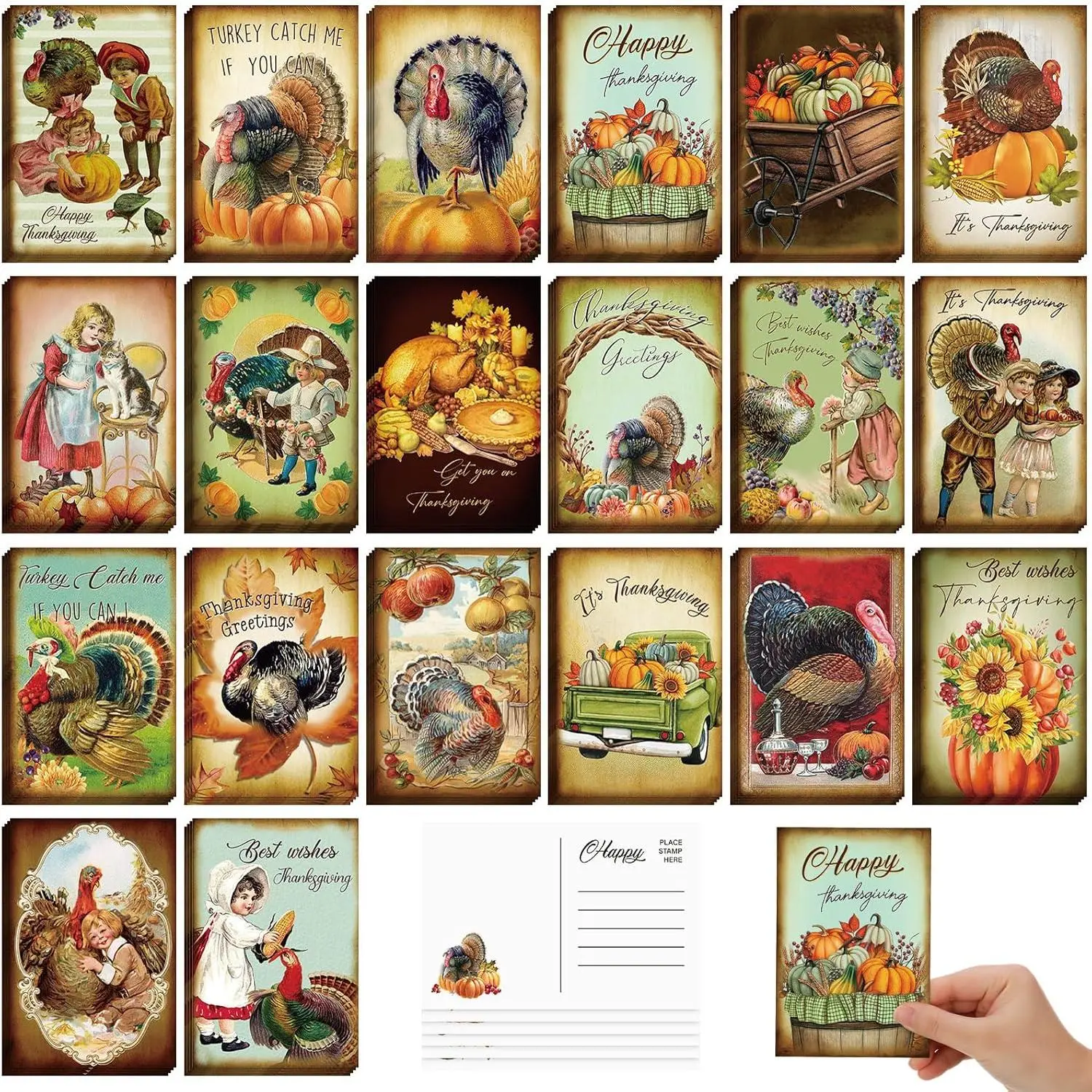 80 count  Thanksgiving Cards Bulk 4 x 6 Thanksgiving Postcards Thankful Greeting Cards Retro Fall Autumn Cards Pumpkin Turkey Happy Holiday Harvest Cards for Family School Office