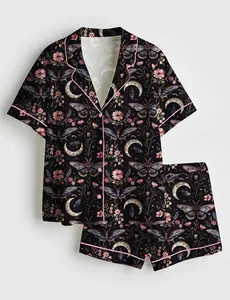 Cute Pajama Sets for Women, Night Garden Mystical Moth Magic Design, Short Sleeve Satin Pajamas, Summer Sleepwear Set, Pajama Sets Women, Comfortable Sleeping Clothes, Witchy Floral Sleepwear for Her