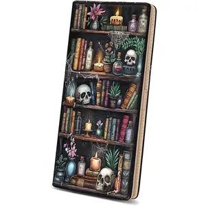 Womens Wallet, Goth Skull Bookshelf Slim Thin RFID Blocking Credit Card Wallets, Long Bifold PU Leather Card Holder Organizer, Cash Clutch Billfold with Zipper Coin Pocket Ladies Girls Gift