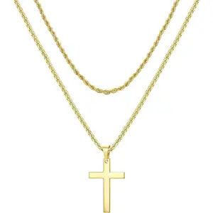 MILACOLATO Stainless Steel Silver Black Layered Rope Chain Cross Pendant Necklace for Men, Simple Jewelry Gift Chain Necklace