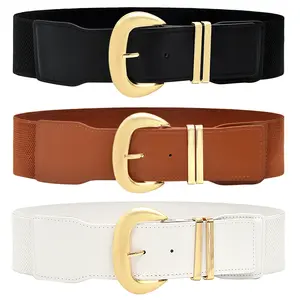 DUOXIN 3 Pieces Wide Stretchy Belt for Women, Fashion Elastic Belts Ladies Waist Belt Stretchy Cinch Belts Waistband with Metal Buckle for Dresses, Shirt, Coat