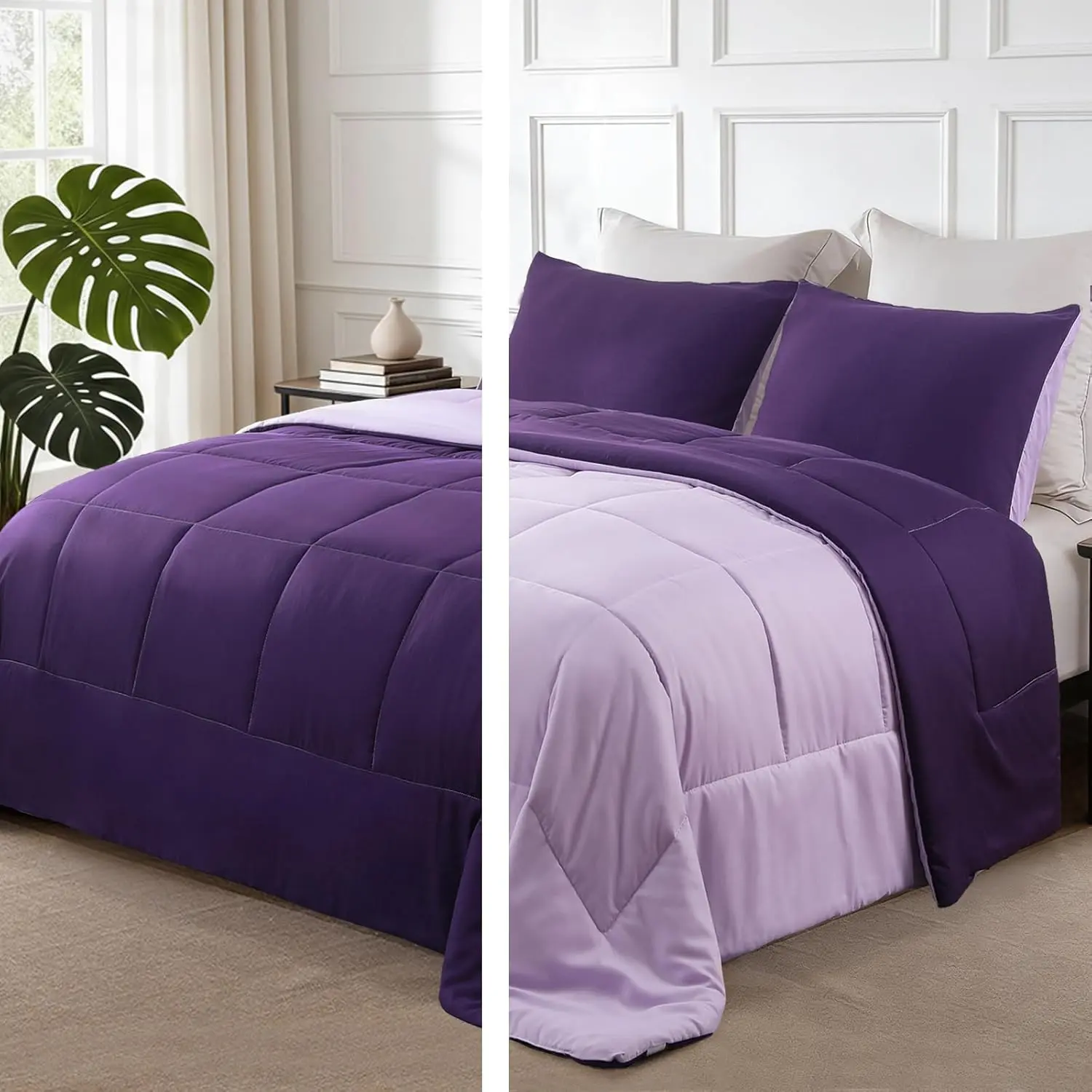 Lightweight Reversible Queen Size Comforter Set, Down Alternative Comforter with 2 Pillow Sham, Queen Size Bedding Set for All, Deep Purple/Lilac