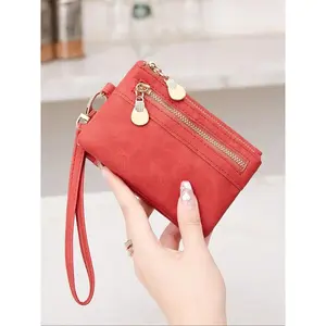 Women's PU Leather Short Bifold Wallet - Simple Plain Color Zipper Card Holder Pouch for Daily, Back to School Leisure Use