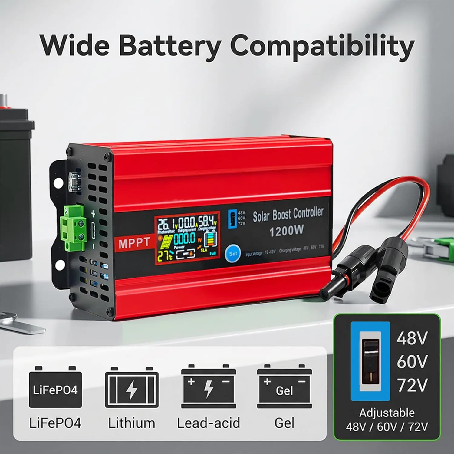 30a Boost Mppt Solar Charge Controller 72v/60v/48v, 1200w LCD Solar Controller, 15a Output for Lifepo4/lithium/lead Acid Batteries