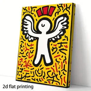 Wooden Frame Painting, Wall Art, Keith Haring Flying Angel Artwork, 29.97cm x 39.88cm, Canvas Decorative Wall Painting, Suitable for Bedroom, Kitchen, Office, Bar, Farmhouse, Living Room, Home Wall Decoration, with Frame YIMN116532D 2D Flat Surface