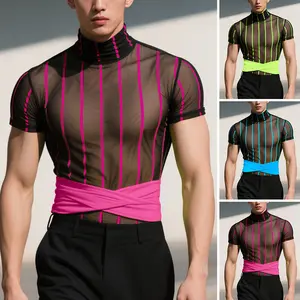 INCERUN Menswear Men's Slim-Fit Polyester Spandex Mesh Short-Sleeve Sheer Fluorescent Striped T-Shirt - Casual Fabric, Festival Nightclub Party Style Translucent Top