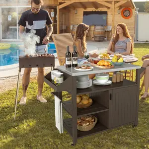 COSTWAY - Outdoor Grill Cart with Storage Cabinet Shelves and Stainless Steel Top-Brown