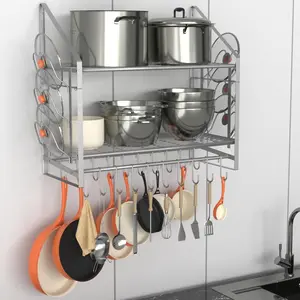 28 Inch 2 Tier Wall Mounted Pot Rack with 20 Hooks and 6 Pot Lid Holders Heavy Duty Steel Pot and Pan Hanger for Kitchen Cookware Utensils Storage Silver Hanging Cabinet
