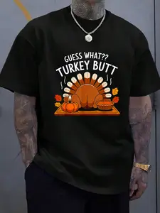 100% Cotton Unisex Thanksgiving Shirts for Women Men Guess What Turkey Butt T-Shirt, Men's Women's Shirt Top, Short Sleeve Tops Crewneck T-shirt