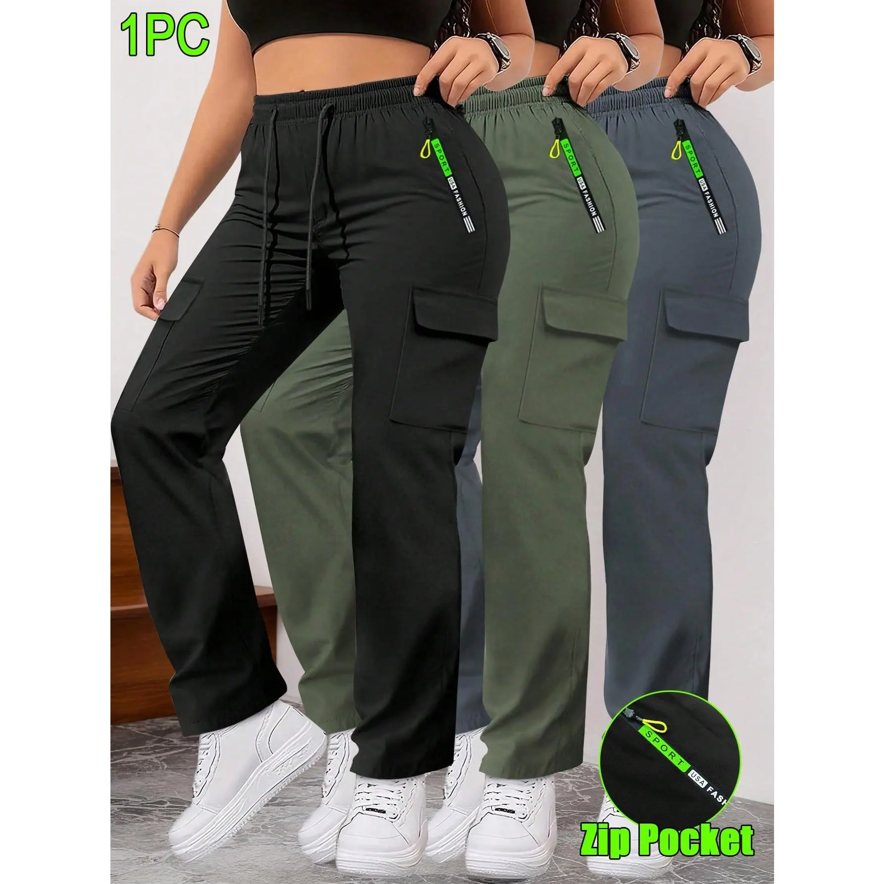 Women's Spring/Autumn Zipper Pocket Cargo Pants, Fashionable Large Pocket Design, Drawstring Elastic Waist, Casual Outdoor/Daily Wear Slim Fit Trousers