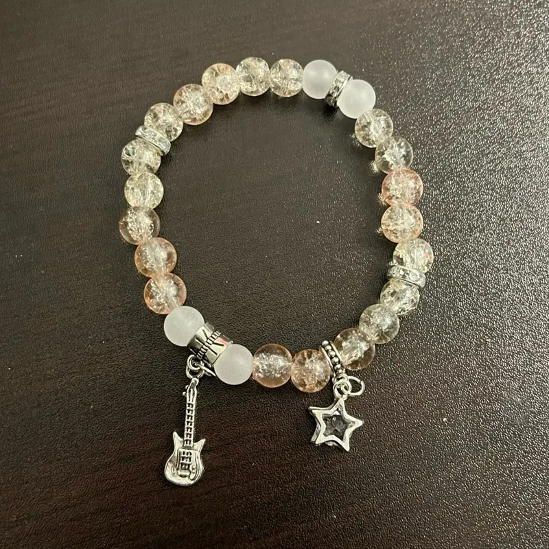 Rockstar Punk Alternative Beaded Charm Bracelet with Guitar & Star Charms Stretchy One Size Fashion Jewelry