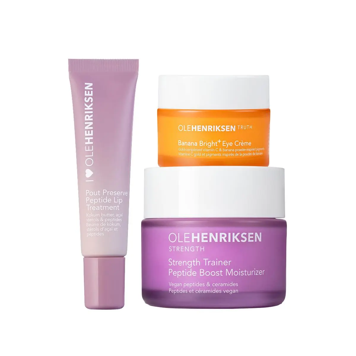 Ole Essentials - Pout Preserve Peptide Lip Treatment, Banana Bright+ Eye Crème + Strength Peptide Moisturizer Trio Glow Hues Kit Ultimate Glow Kit